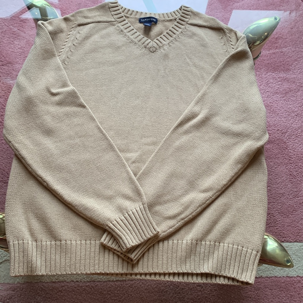 Lands' End Tan V-Neck Sweater With Ribbed Detailing